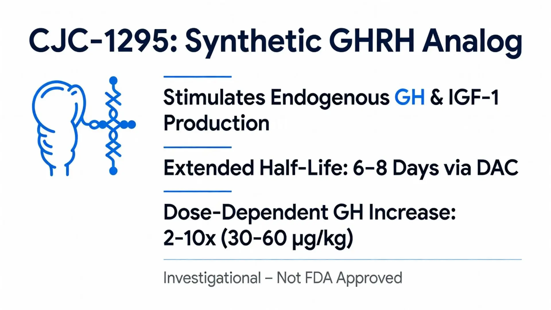 CJC-1295 Synthetic GHRH Analog Diagram showing its effects on GH and IGF-1 production, half-life, and dosage