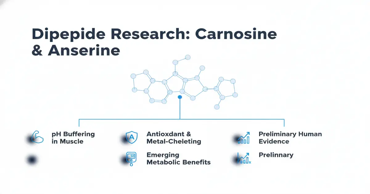 Presentation slide titled 'Dipeptide Research: Carnosine & Anserine' showing a central molecular structure and labeled benefits: pH buffering in muscle, antioxidant & metal-chelating, emerging metabolic benefits, and preliminary human evidence.