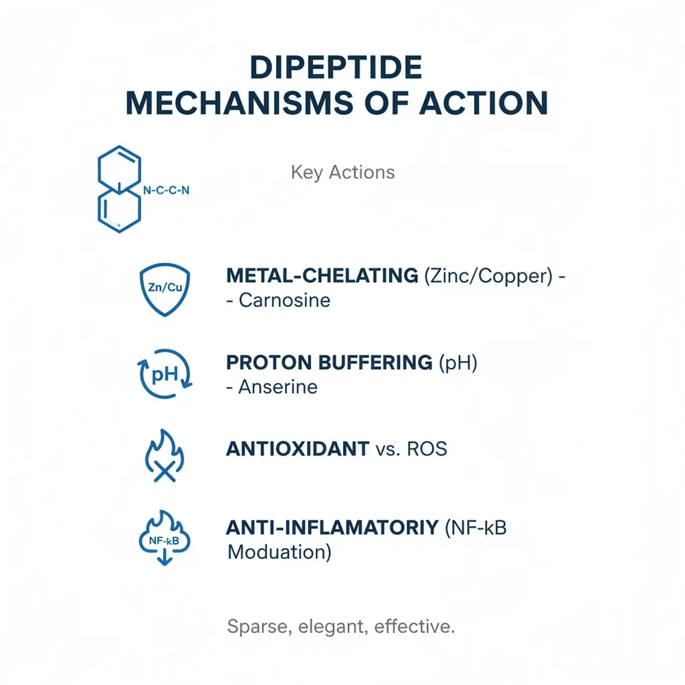 Infographic titled 'Dipeptide Mechanisms of Action' listing metal-chelating (zinc/copper) — carnosine; proton buffering (pH) — anserine; antioxidant vs ROS; and anti-inflammatory (NF-kB modulation).