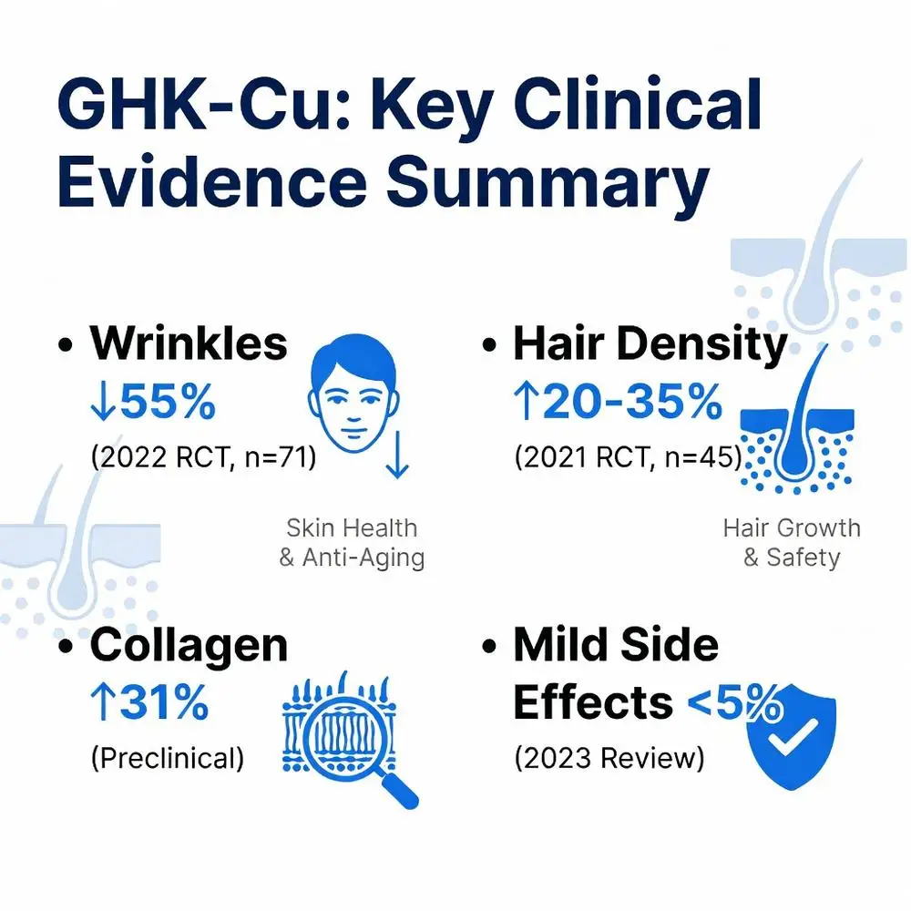 Infographic summarizing key clinical evidence of GHK-Cu benefits including wrinkle reduction, hair density increase, collagen stimulation, and mild side effects.