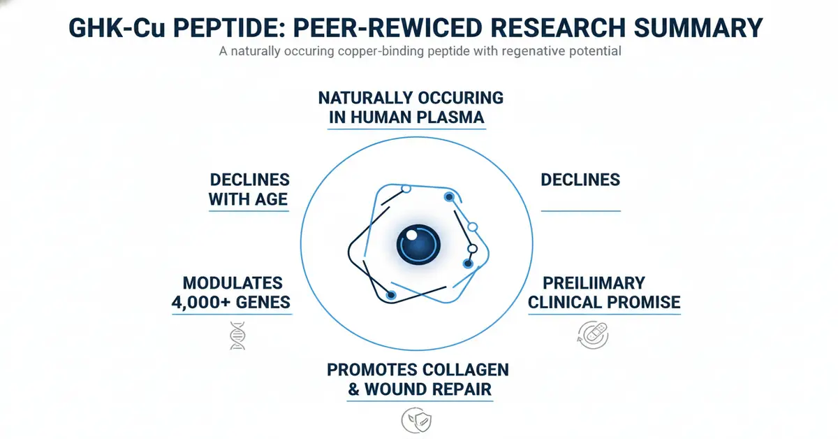 Infographic summarizing peer-reviewed research on the GHK-Cu peptide (naturally occurring copper-binding peptide in human plasma) that declines with age, modulates 4,000+ genes, promotes collagen and wound repair, and shows preliminary clinical promise.