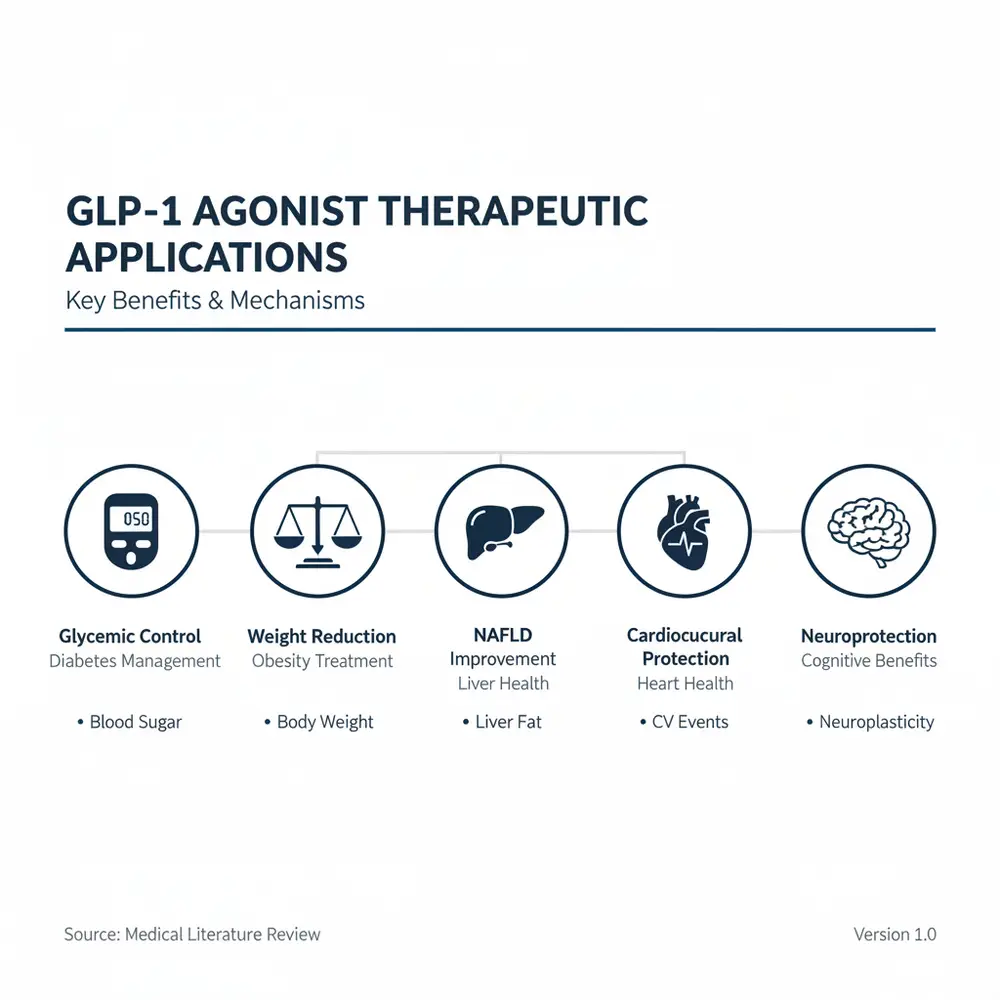 GLP-1 Agonist Therapeutic Applications Key Benefits & Mechanisms Infographic