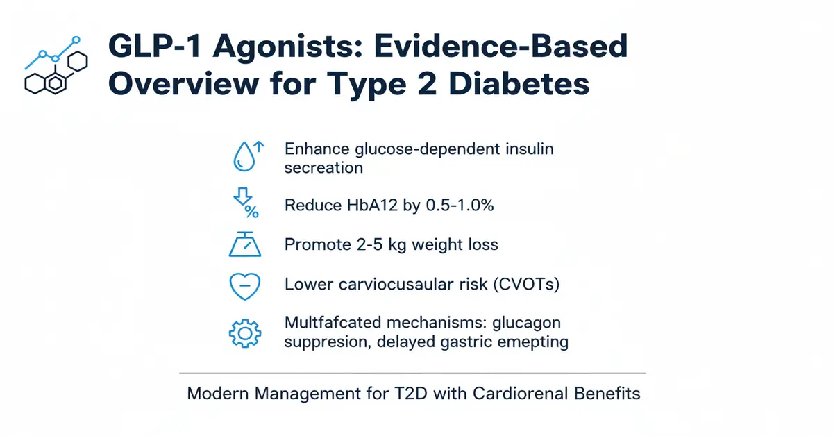 Slide titled 'GLP-1 Agonists: Evidence-Based Overview for Type 2 Diabetes' listing benefits: enhances glucose-dependent insulin secretion, reduces HbA1c by 0.5–1.0%, promotes 2–5 kg weight loss, lowers cardiovascular risk (CVOTs), and shows multifaceted mechanisms including glucagon suppression and delayed gastric emptying.
