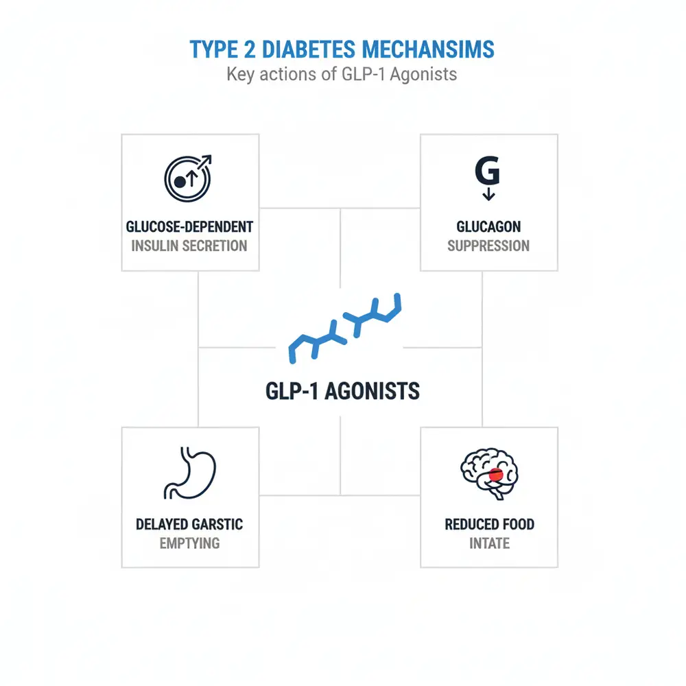 Infographic showing GLP-1 agonists' mechanisms in type 2 diabetes: glucose-dependent insulin secretion, glucagon suppression, delayed gastric emptying and reduced food intake.