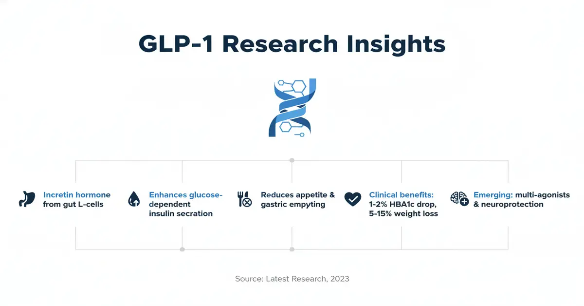 GLP-1 Research Insights infographic showing benefits like incretin hormone secretion, enhanced glucose-dependent insulin secretion, reduced appetite, clinical benefits, and emerging multi-agonists