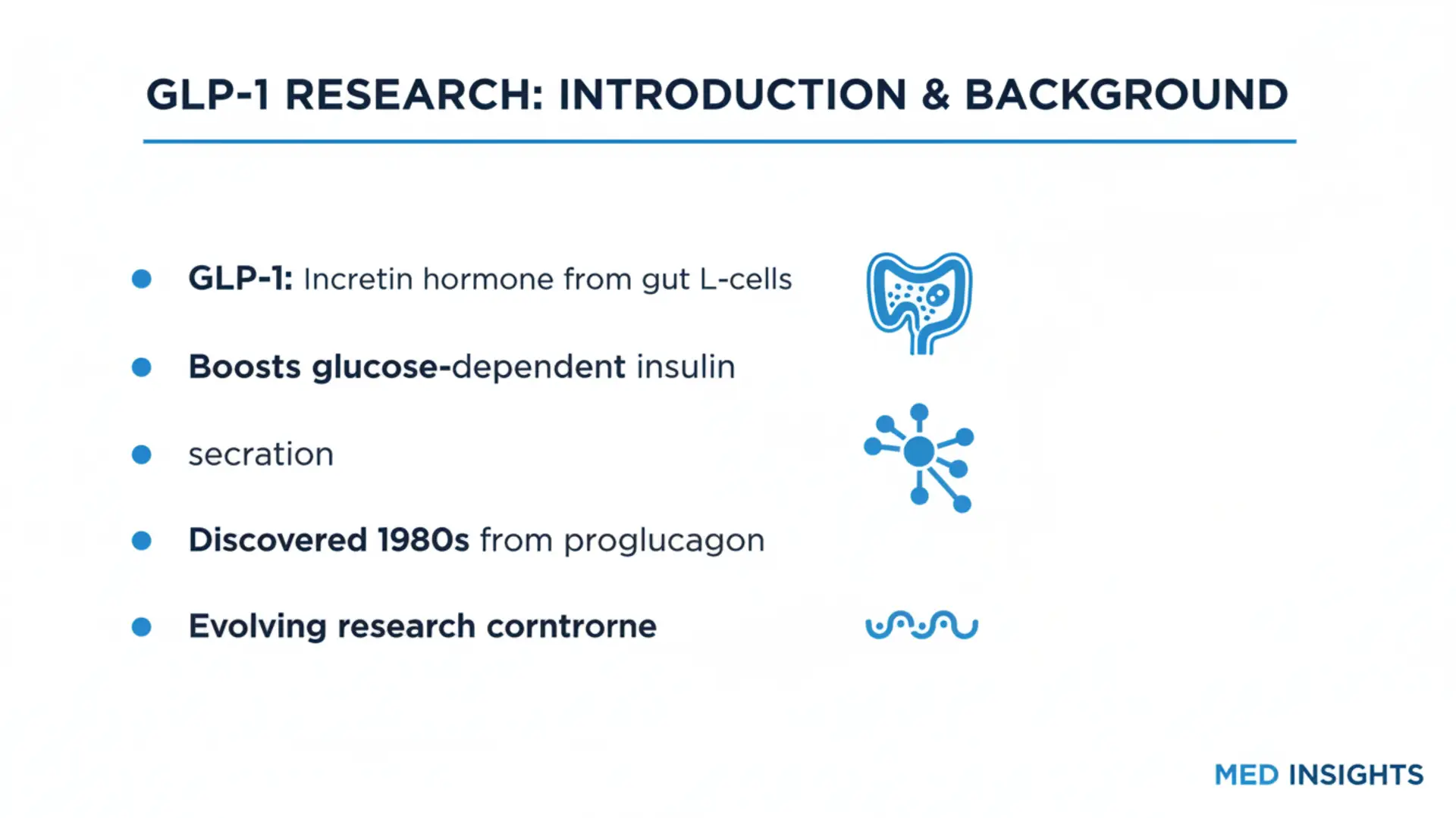 GLP-1 Research Introduction and Background slide with bullet points and icons