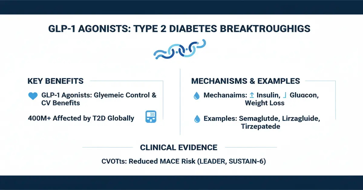 Slide titled 'GLP-1 Agonists: Type 2 Diabetes Breakthroughs' summarizing key benefits, mechanisms (↑ insulin, ↓ glucagon, weight loss), examples (semaglutide, liraglutide, tirzepatide) and clinical evidence (CVOTs reducing MACE risk: LEADER, SUSTAIN-6).