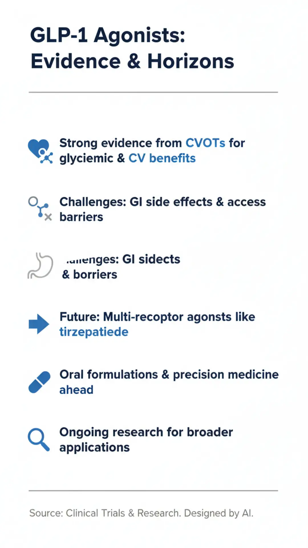 Infographic titled 'GLP-1 Agonists: Evidence & Horizons' highlighting CVOT-proven glycemic and cardiovascular benefits, GI side effects and access barriers, future multi-receptor agents like tirzepatide, oral formulations, and ongoing research.