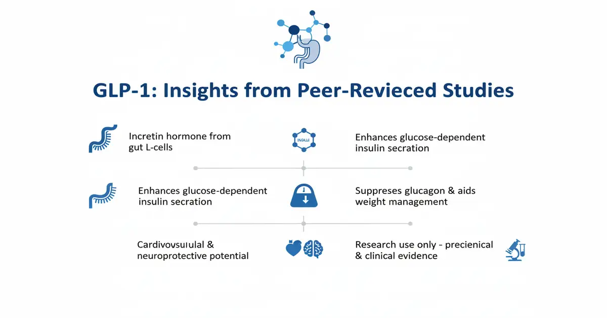 Infographic slide titled 'GLP-1: Insights from Peer-Reviewed Studies' summarizing GLP-1 roles: incretin hormone from gut L‑cells, enhances glucose‑dependent insulin secretion, suppresses glucagon and aids weight management, notes cardiovascular and neuroprotective potential and that findings are research-use/preclinical and clinical evidence.