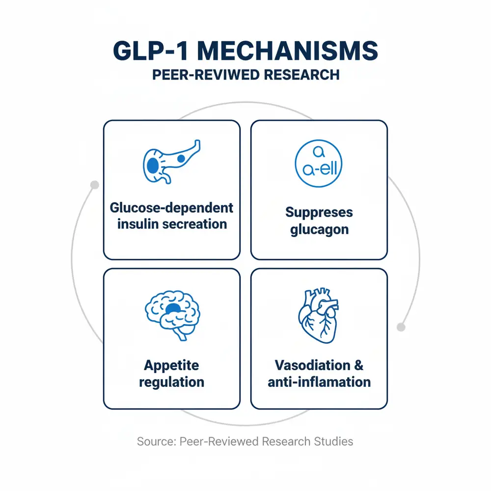 Infographic titled 'GLP-1 Mechanisms — Peer-Reviewed Research' with four panels showing glucose-dependent insulin secretion (pancreas icon), suppresses glucagon (alpha-cell icon), appetite regulation (brain icon), and vasodilation & anti-inflammation (heart icon).