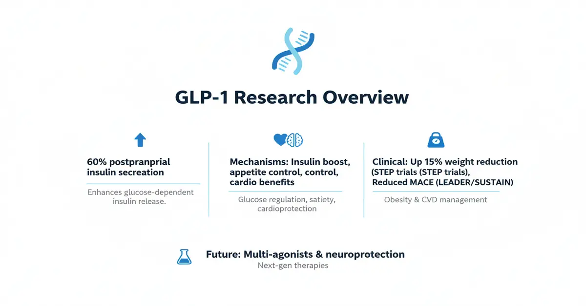 GLP-1 Research Overview infographic showing benefits and future directions