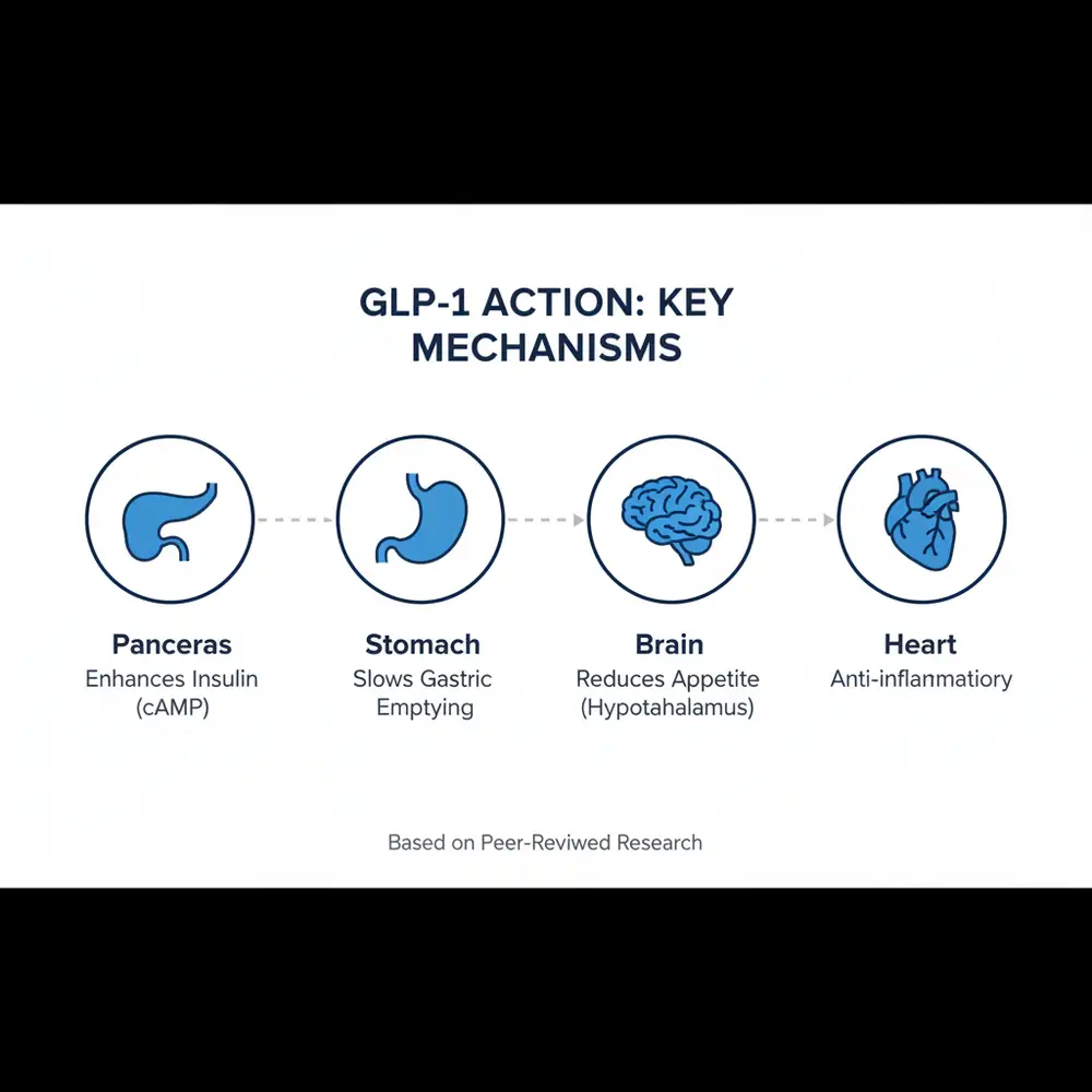 GLP-1 Action: Key Mechanisms - Diagram showing how GLP-1 enhances insulin in the pancreas, slows gastric emptying in the stomach, reduces appetite in the brain, and provides anti-inflammatory effects in the heart.