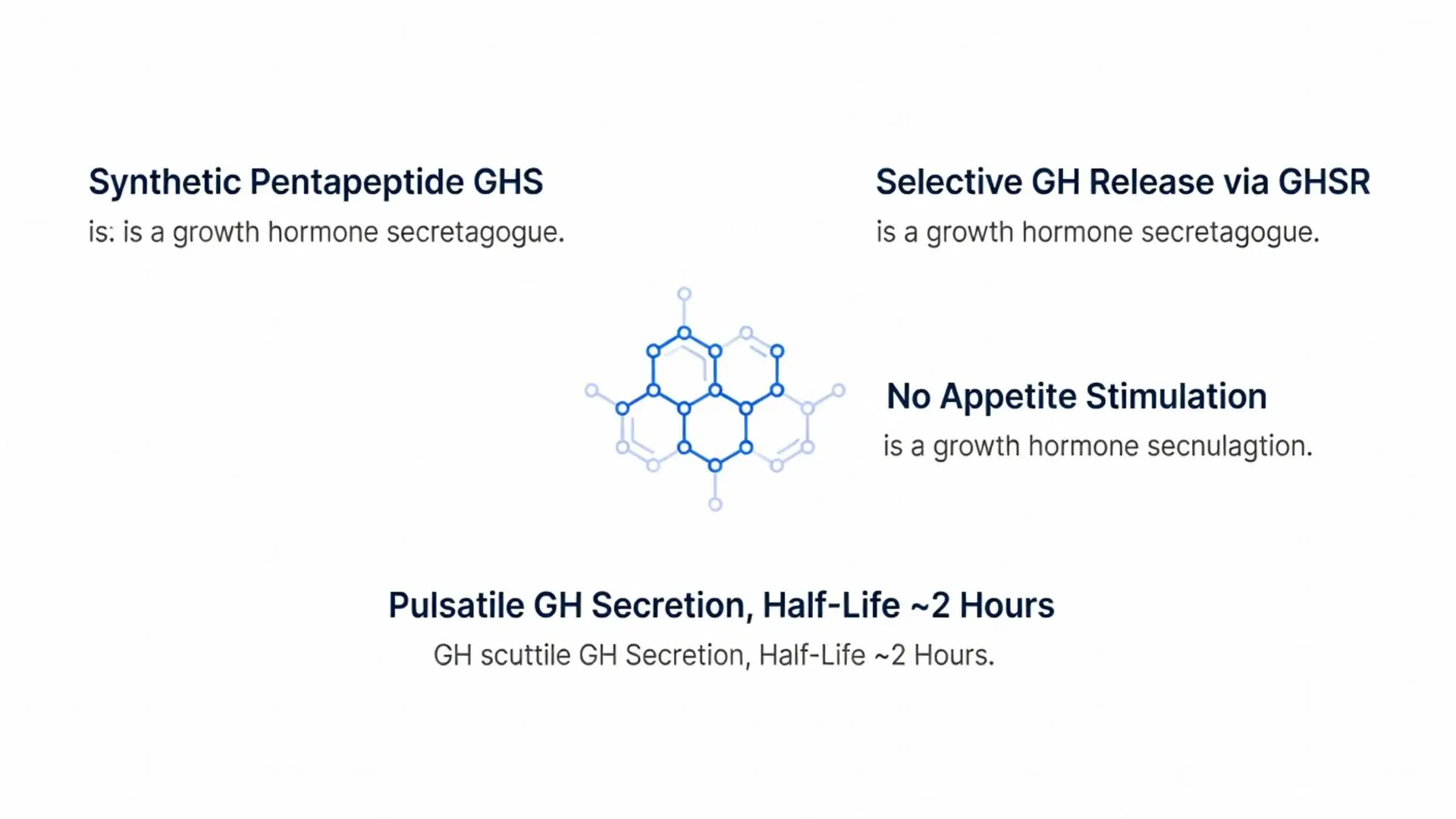 Diagram of synthetic pentapeptide GHS and selective GH release via GHSR showing no appetite stimulation and pulsatile GH secretion