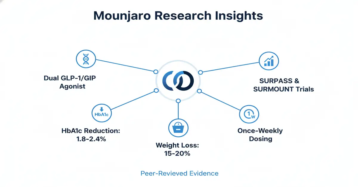 Mounjaro Research Insights infographic showing benefits including dual GLP-1/GIP agonist, HbA1c reduction, weight loss, once-weekly dosing, and SURPASS & SURMOUNT trials