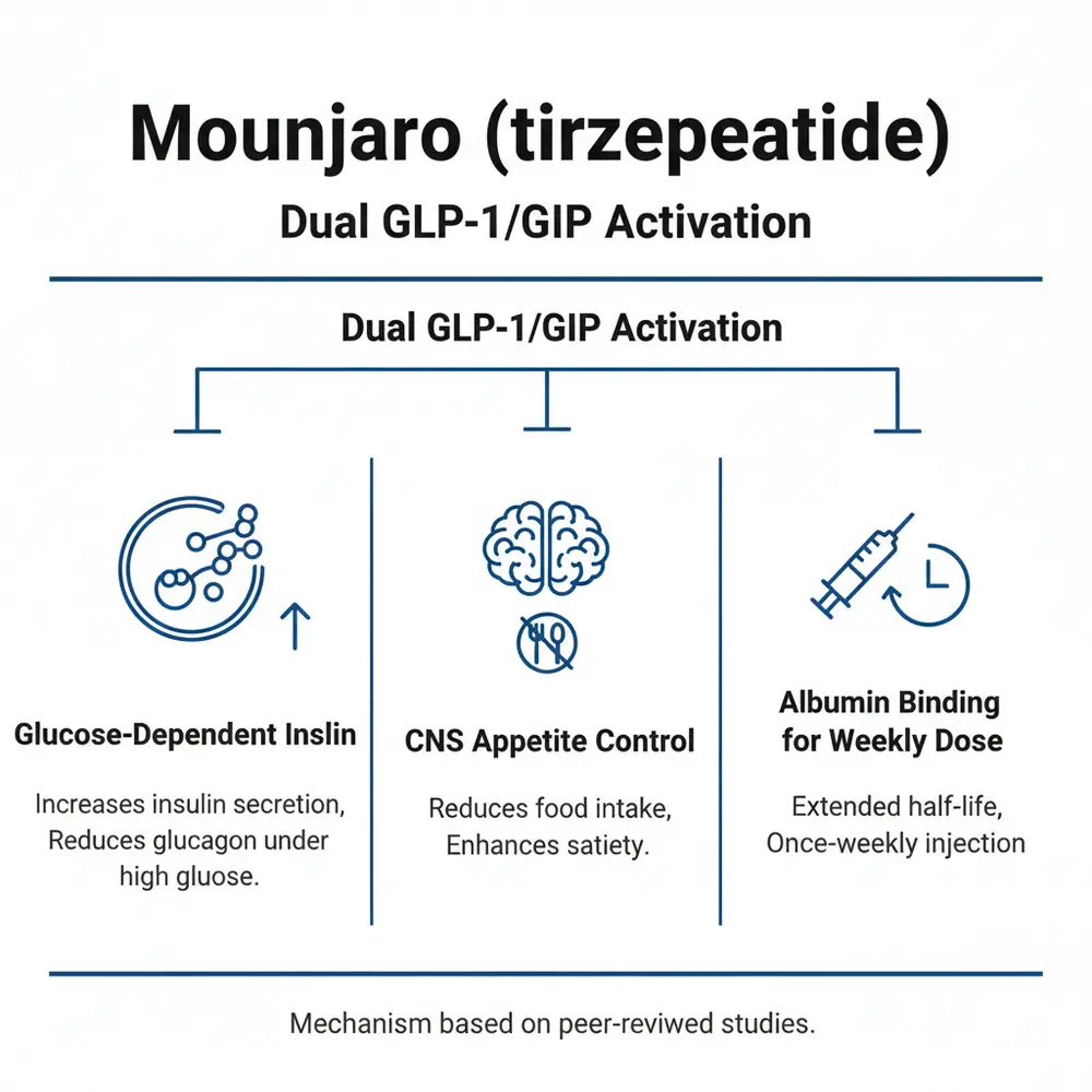 Mounjaro (tirzepatide) Dual GLP-1/GIP Activation infographic showing mechanisms of action: Glucose-Dependent Insulin, CNS Appetite Control, and Albumin Binding for Weekly Dose