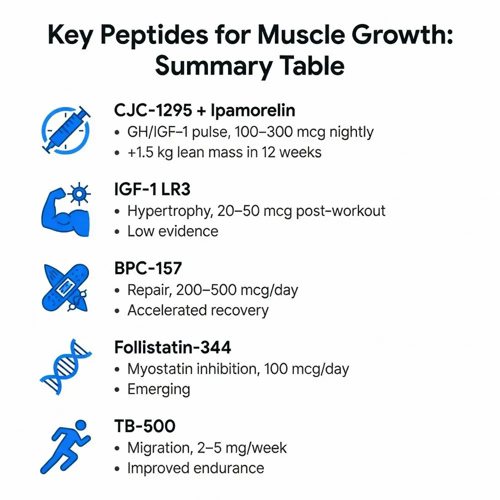 Key Peptides for Muscle Growth Summary Table - CJC-1295, IGP-1 LR3, BPC-157, Follistatin-344, TB-500