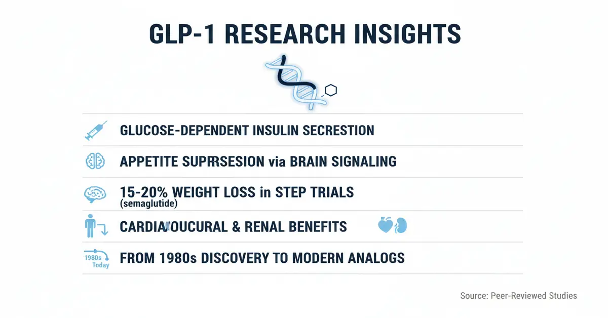 GLP-1 Research Insights Infographic highlighting benefits including glucose-dependent insulin secretion, appetite suppression, weight loss, cardiovascular benefits, and historical development.