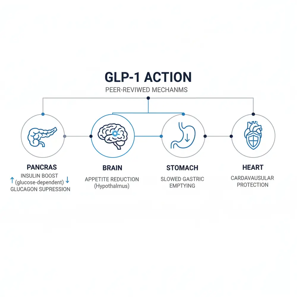 Diagram illustrating the peer-reviewed mechanisms of GLP-1 action on pancreas, brain, stomach, and heart