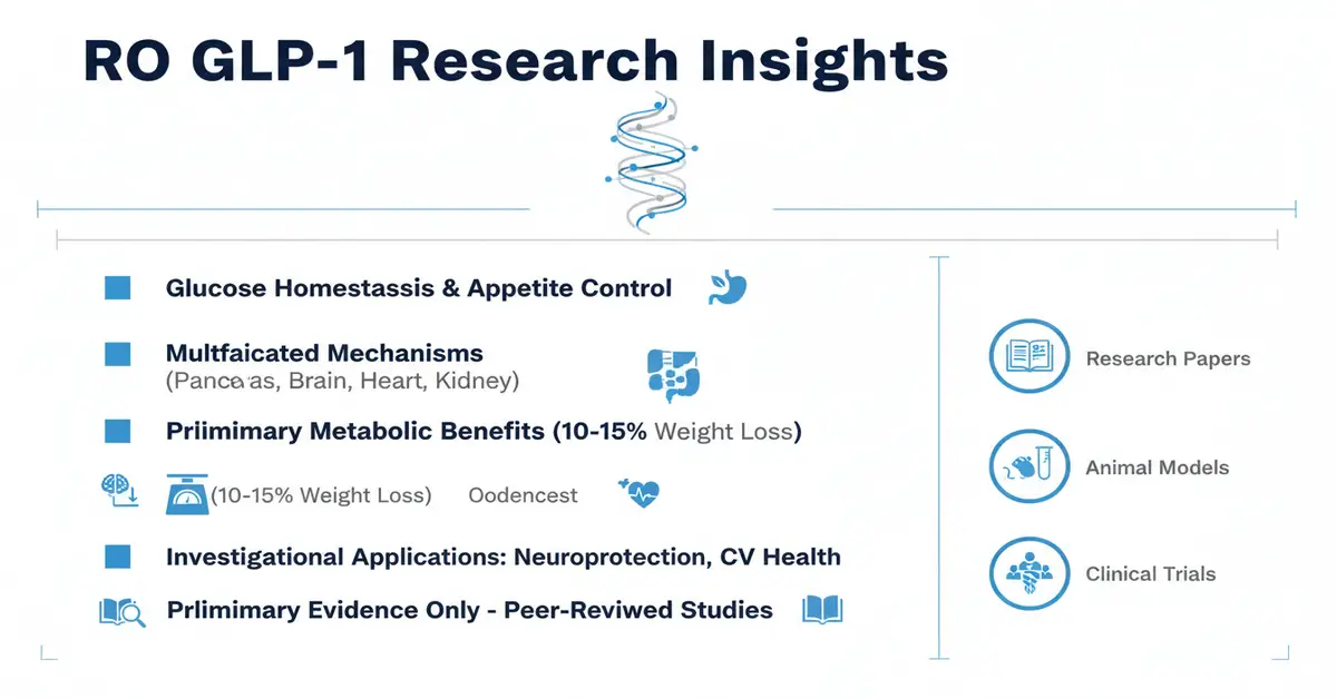 RO GLP-1 Research Insights infographic highlighting glucose homeostasis, appetite control, metabolic benefits, and investigational applications