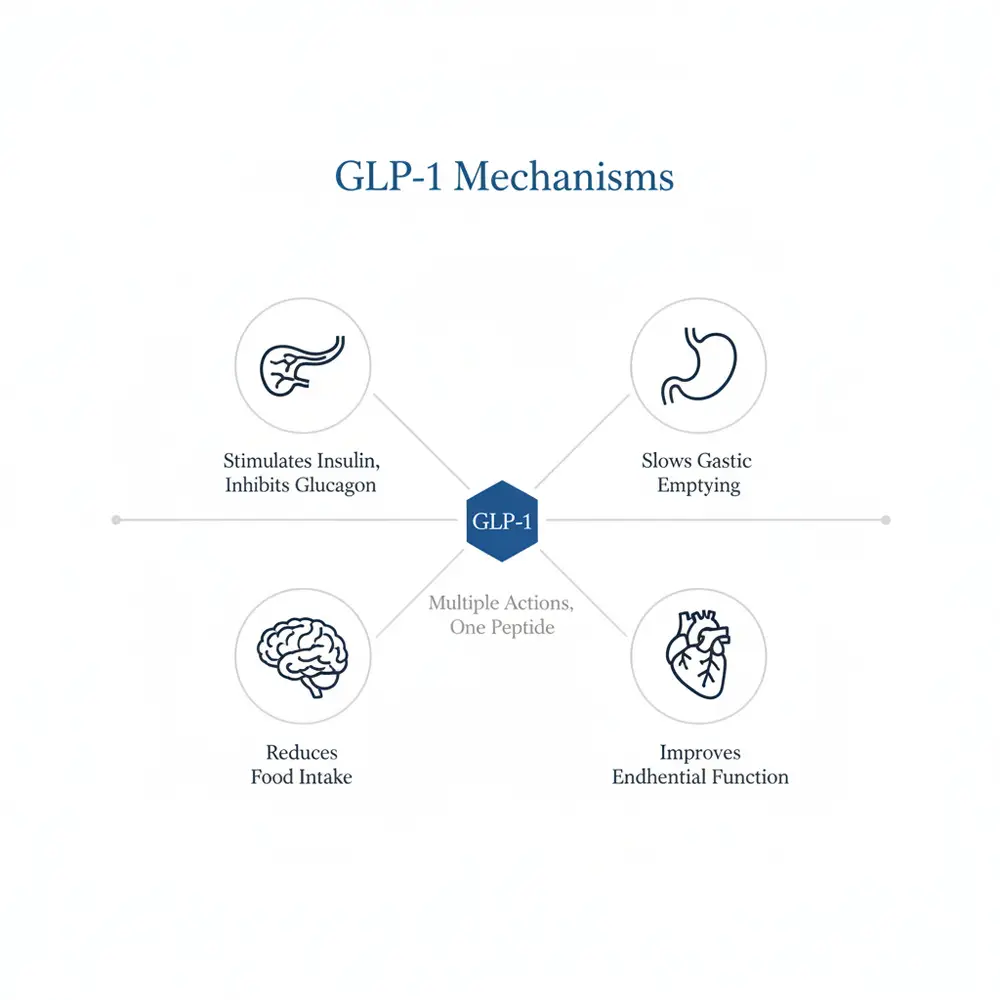 Diagram illustrating GLP-1 mechanisms including stimulation of insulin, inhibition of glucagon, reduction of food intake, improvement of endothelial function, and slowing of gastric emptying