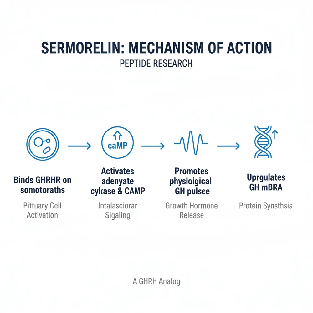 Sermorelin Mechanism of Action Diagram showing the process from binding GHRHR to upregulating GH mRNA