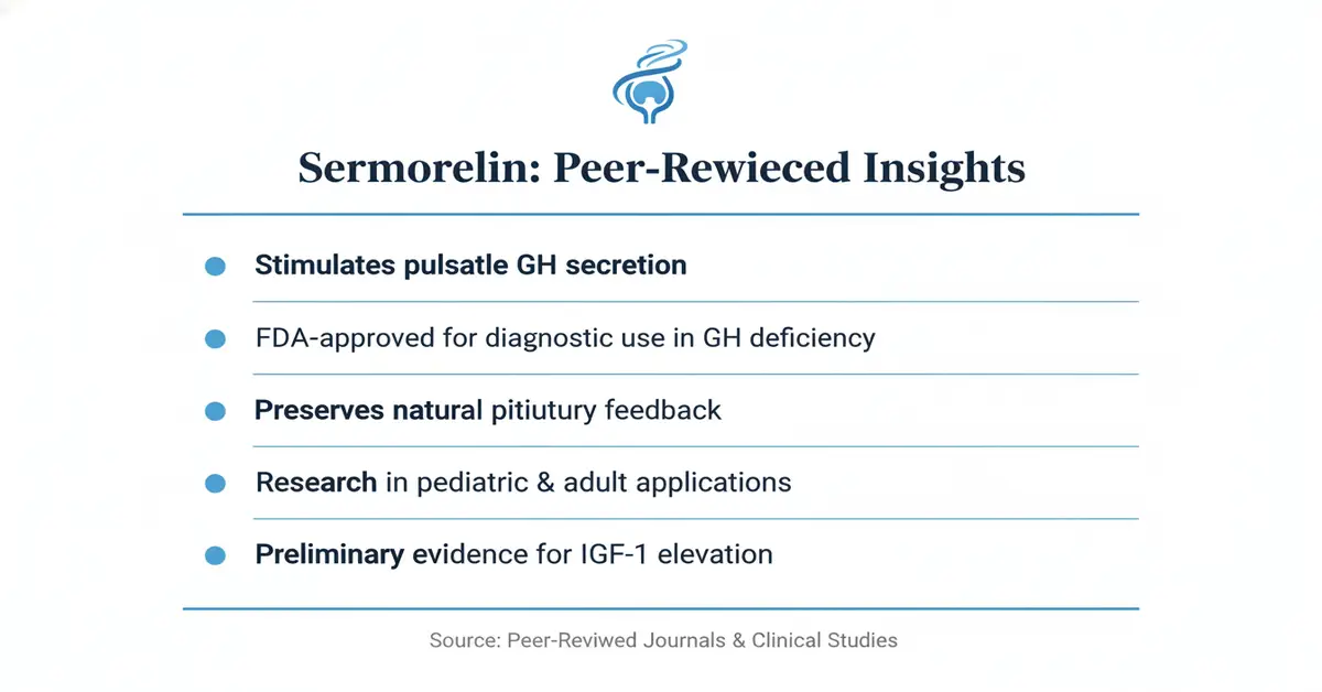 Sermorelin: Peer-Reviewed Insights - Stimulates pulsatile GH secretion, FDA-approved for diagnostic use in GH deficiency, Preserves natural pituitary feedback, Research in pediatric & adult applications, Preliminary evidence for IGF-1 elevation