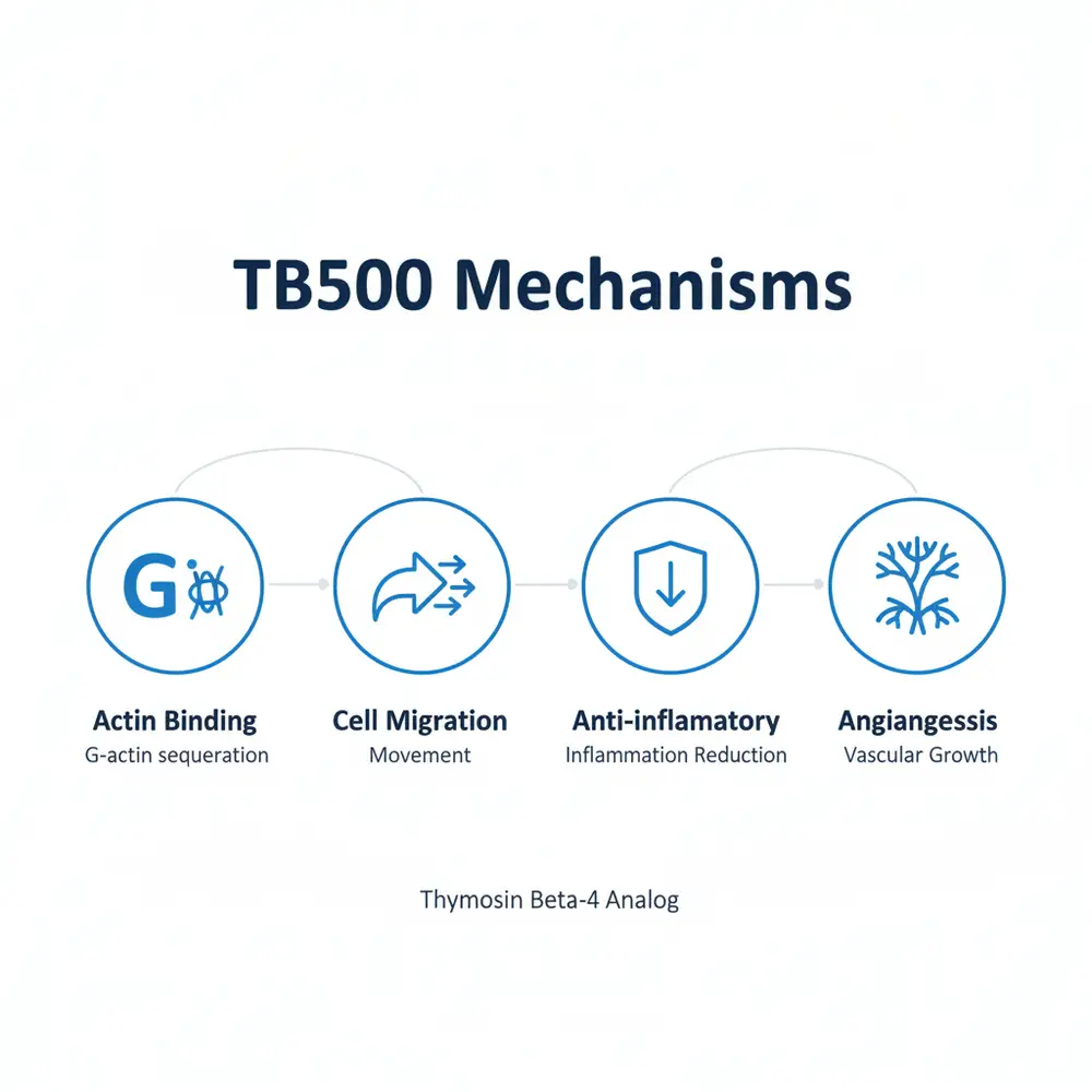 Infographic titled 'TB500 Mechanisms' showing four icons and labels: Actin Binding (G-actin sequestration), Cell Migration (Movement), Anti-inflammatory (Inflammation Reduction), and Angiogenesis (Vascular Growth) — Thymosin Beta-4 analog