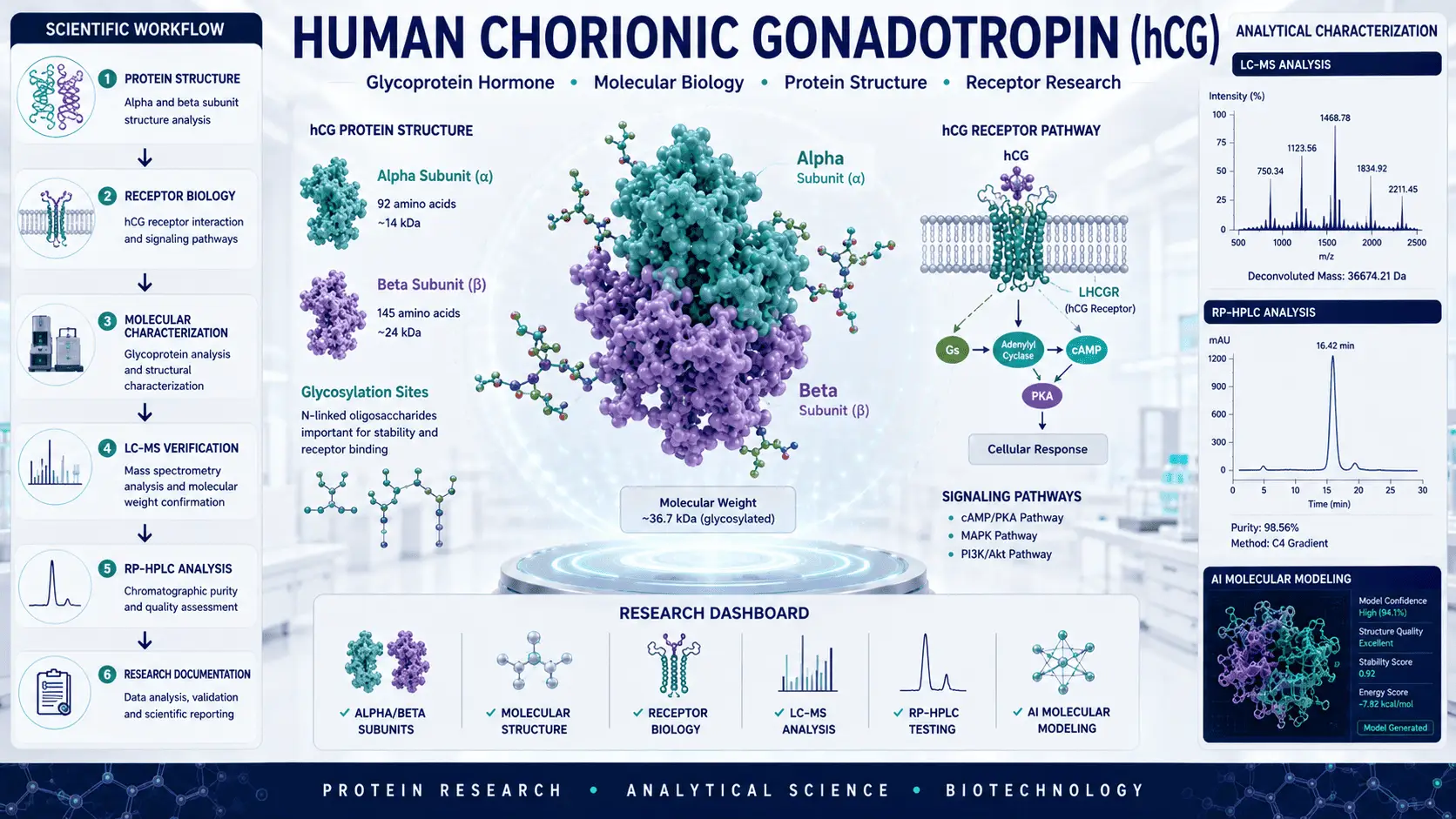 Scientific illustration showing human chorionic gonadotropin (hCG) molecular structure, glycoprotein hormone research, receptor biology, analytical characterization, LC-MS testing, protein structure visualization, and biotechnology laboratory science.