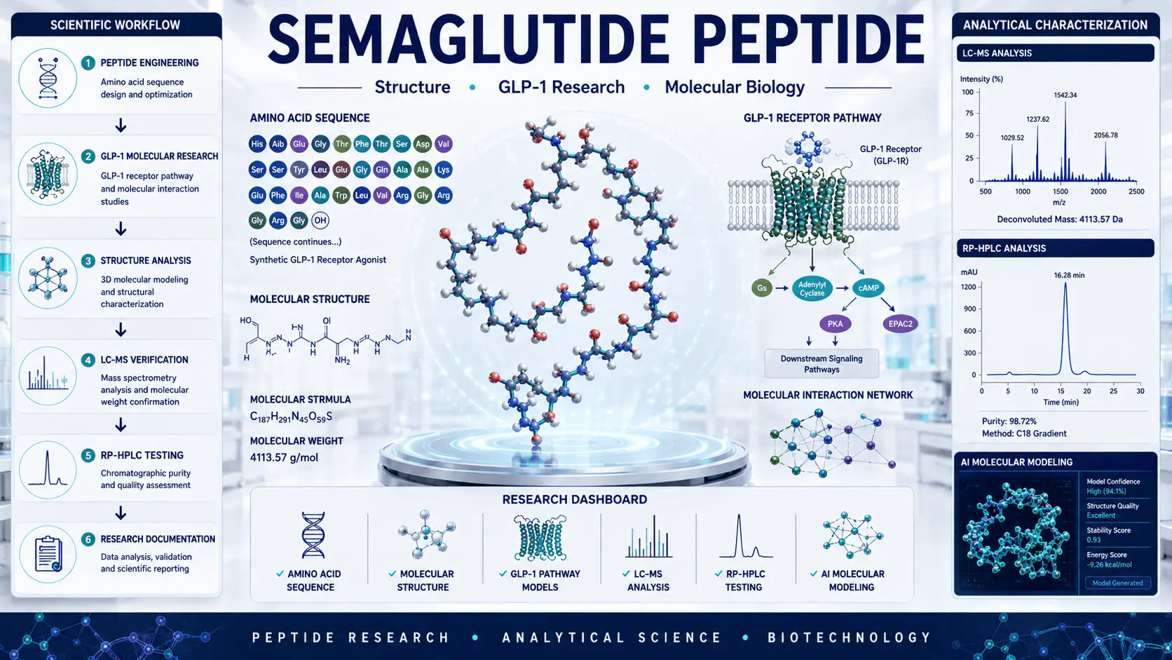 Scientific illustration of Semaglutide peptide research showing GLP-1 receptor biology, peptide molecular structure, amino acid sequence analysis, LC-MS characterization, RP-HPLC testing, and biotechnology laboratory research.