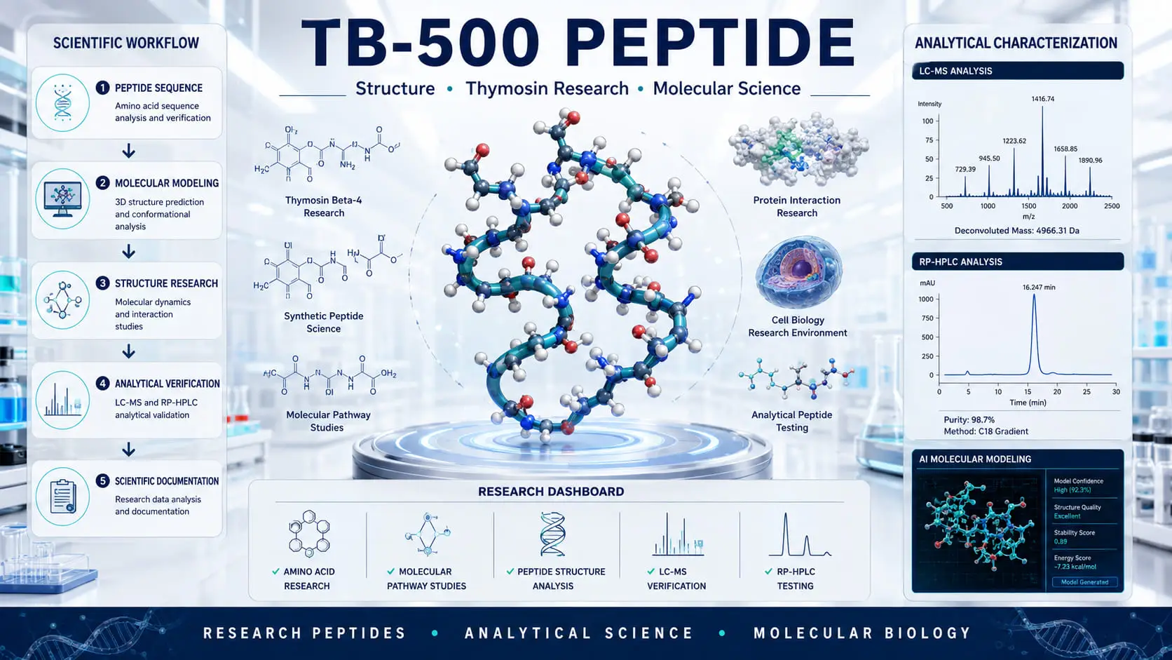 Scientific visualization of TB-500 peptide research showing Thymosin Beta-4 molecular structure, peptide sequence analysis, laboratory testing workflow, LC-MS verification, and advanced peptide science.